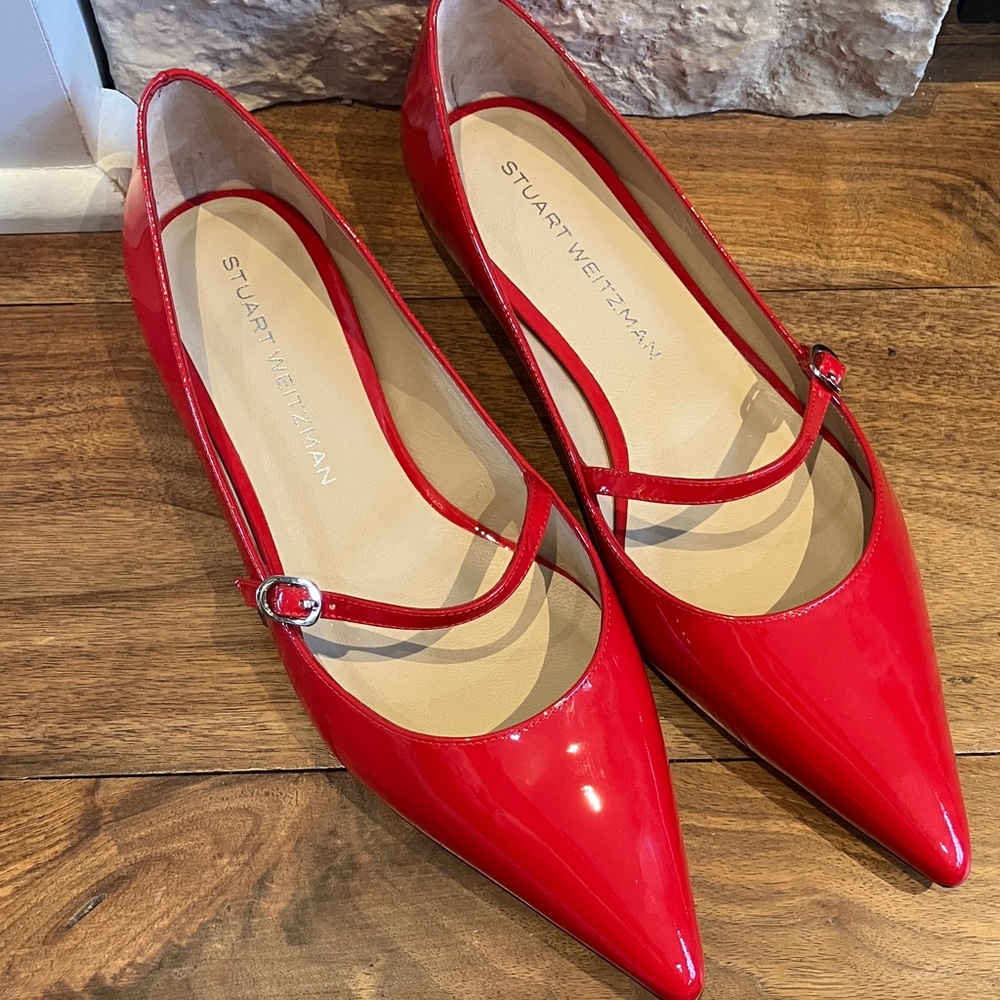 NEW Stuart Weitzman Red Patent Mary Jane Pointed-Toe Flats
